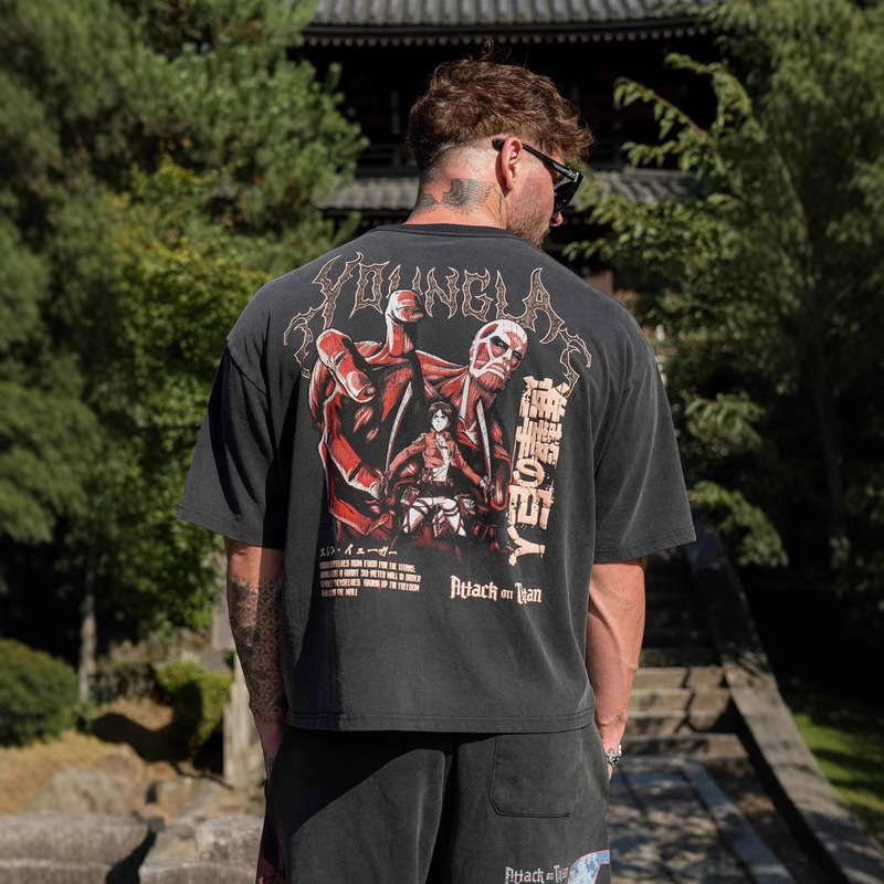 Youngla Co-Branded Attack on Titan Men's Oversized T-Shirt Jogger Sports Fitness Pure Cotton Short-Sleeved Shirt