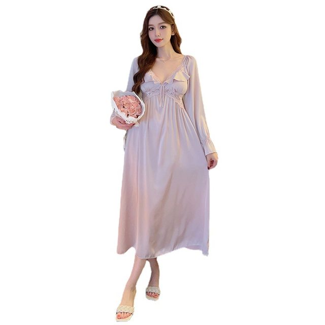 New Homewear Sexy Hem Lace Pajamas Lace Collar Bow Nightgown Women's Long Dress Simulated Silk Long Sleeves