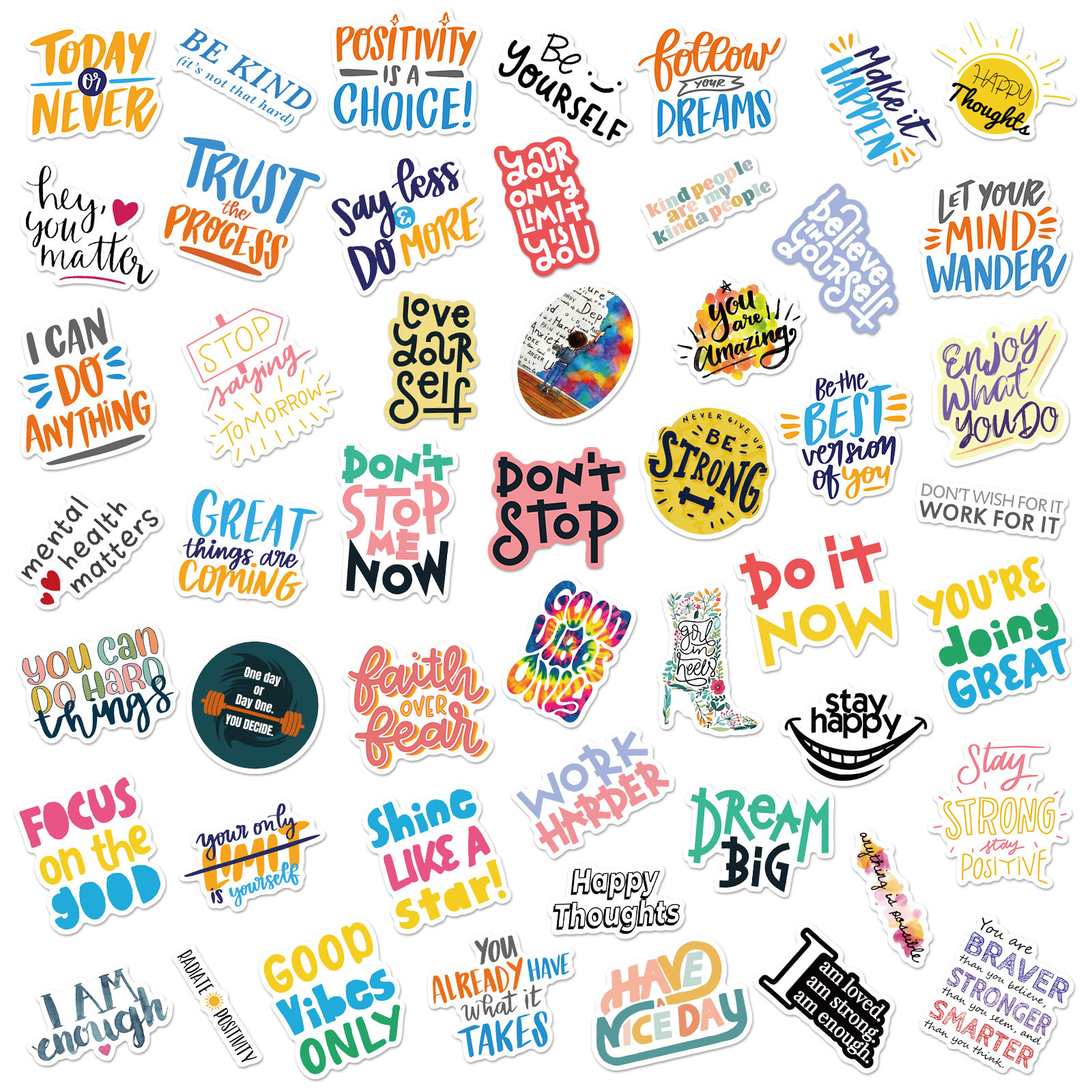 50 inspirational text stickers, slogans, English handbook collage materials, small patterns, cute student learning labels