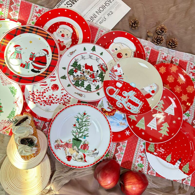 European-Style Flat Plate New Model 8inch Cross-Border Atmospheric Christmas Ceramic Cartoon Eco-Friendly Bowl and Plate Tableware Set Ins