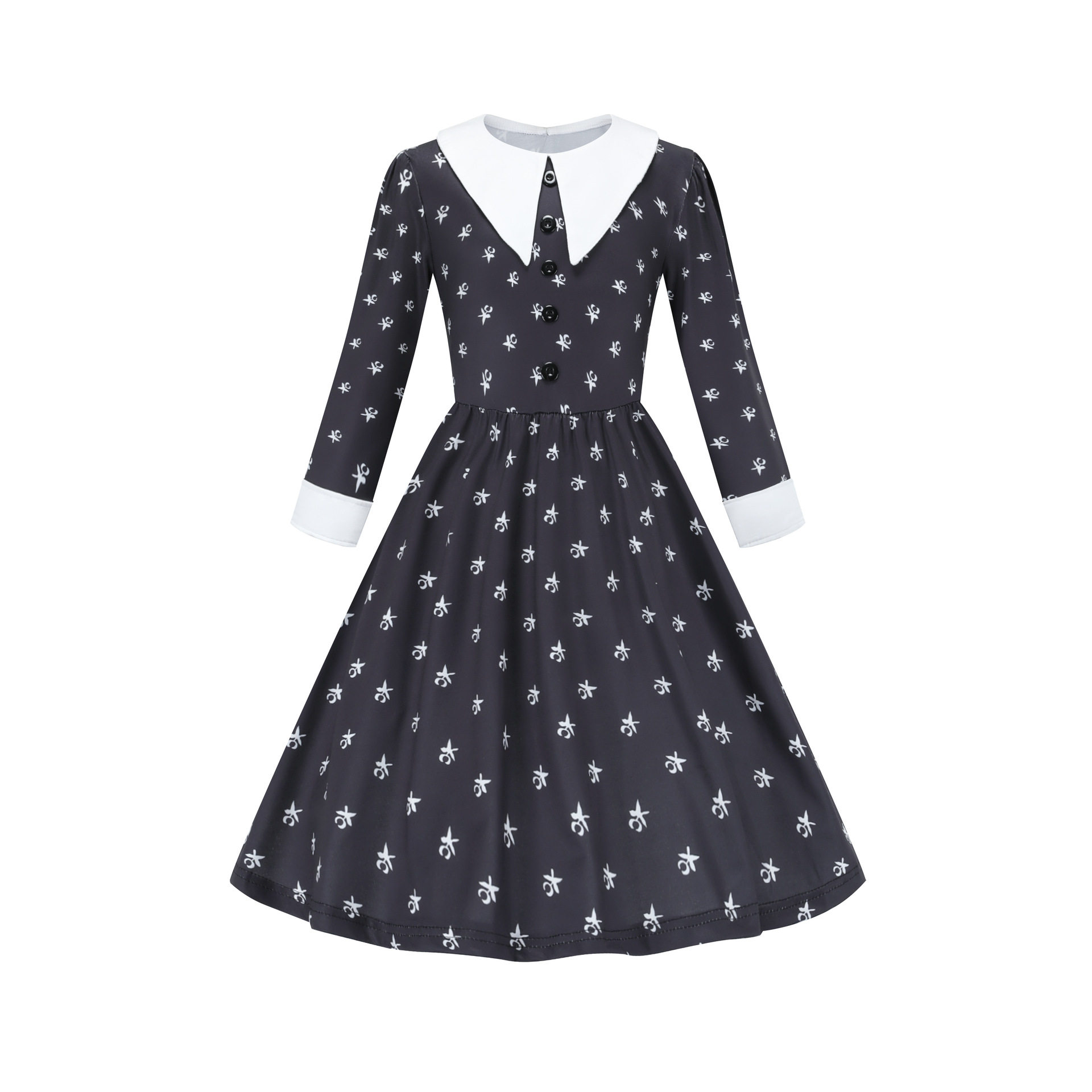 Popular girls cosplay Addams Family Wednesday printed dress dress party performance long-sleeved dress
