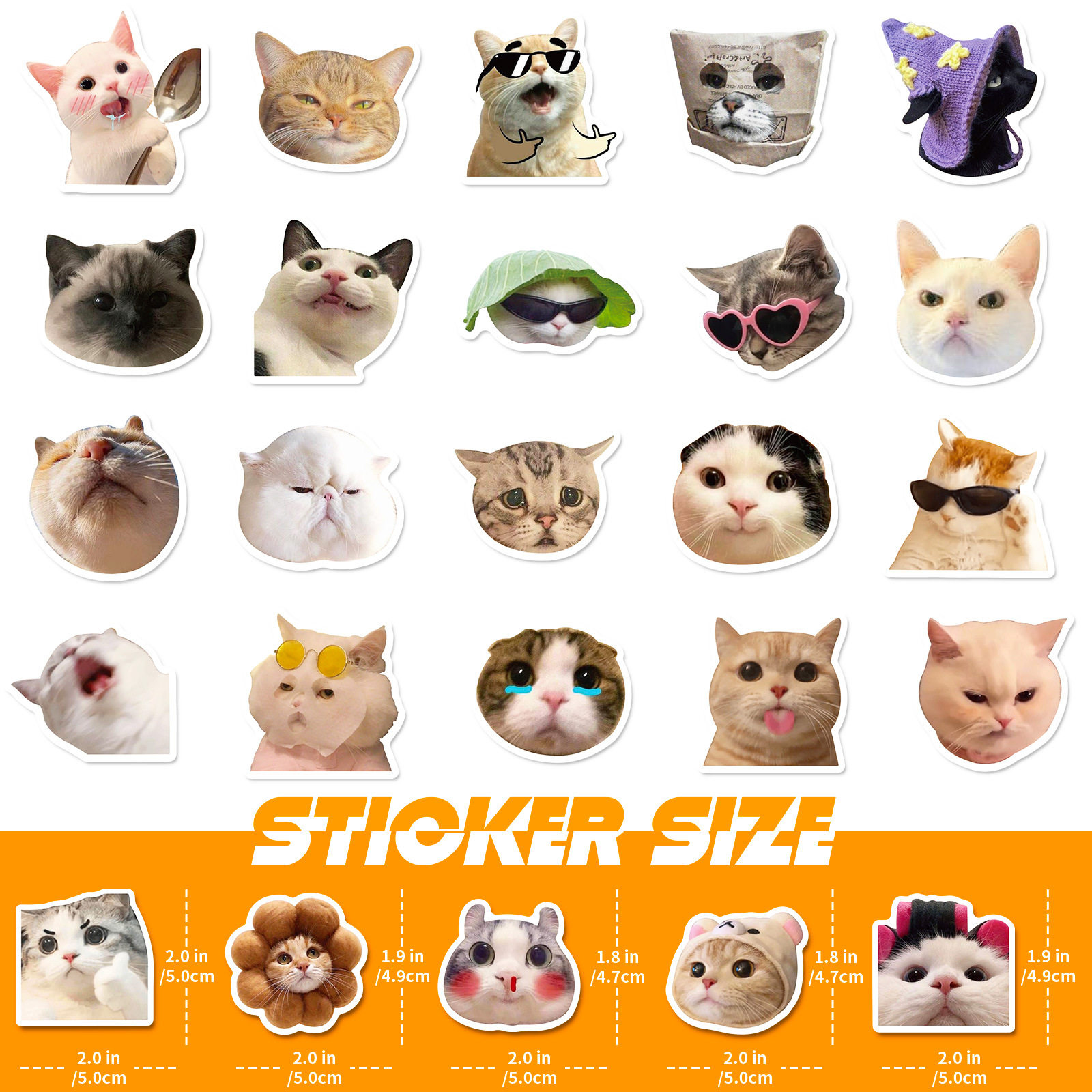 50 cat stickers, Internet celebrity cat expression packs, graffiti stickers, cross-border cute and funny cat head stickers