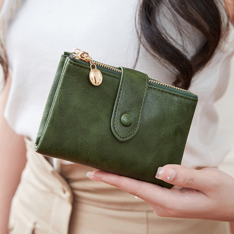 Soft Leather New Women's Wallet with Double Zipper 70% off Short Wallet European and American Retro Multi-Card Slot Short Card Holder Simple