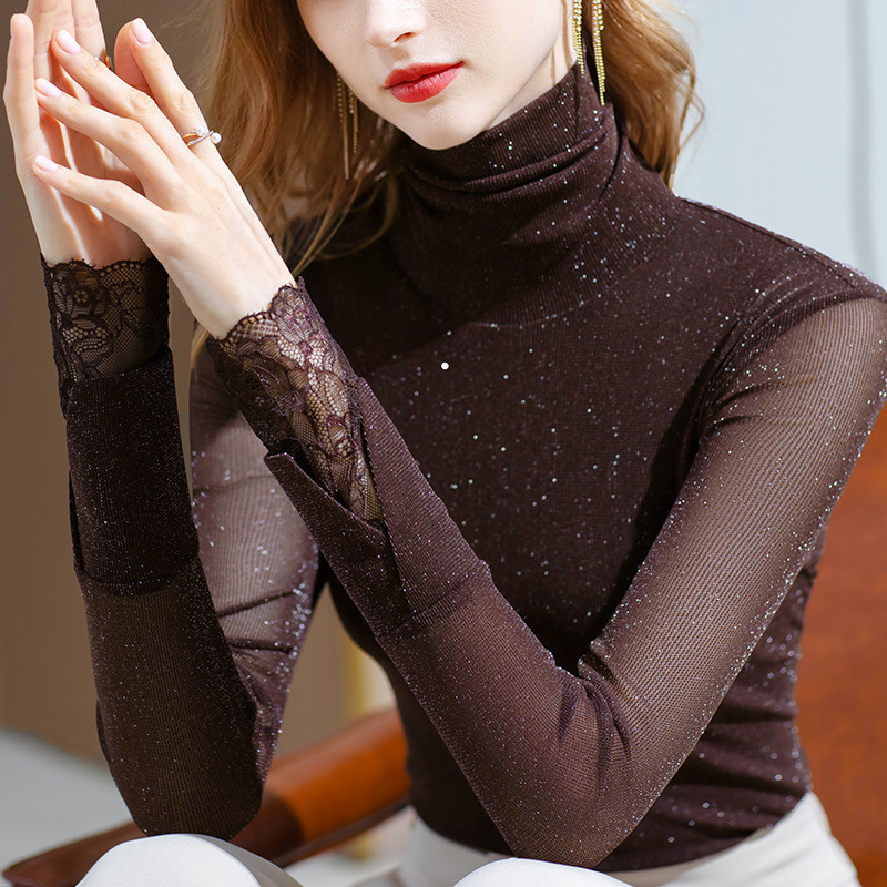 High-End European Style Sheer Mesh Base Shirt for Women, Autumn and Winter, Stylish Slim-Fit T-Shirt with Lace Splicing, Elegant Blouse for Women