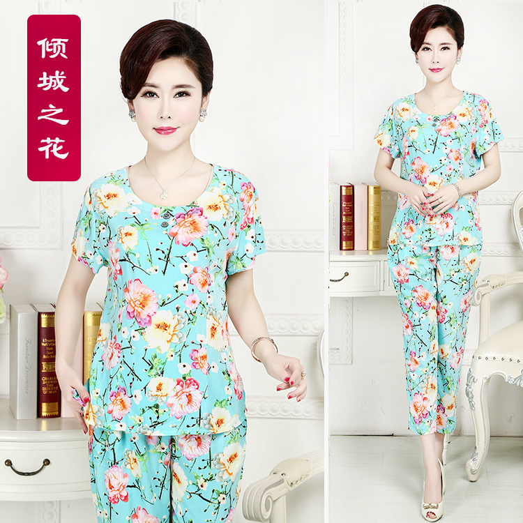 Trung và cũ tuổi cotton và bông lụa ngắn tay dịch vụ nhà có thể được đeo bên ngoài hai bộ của mẹ cotton lụa đồ ngủ của phụ nữ phù hợp với