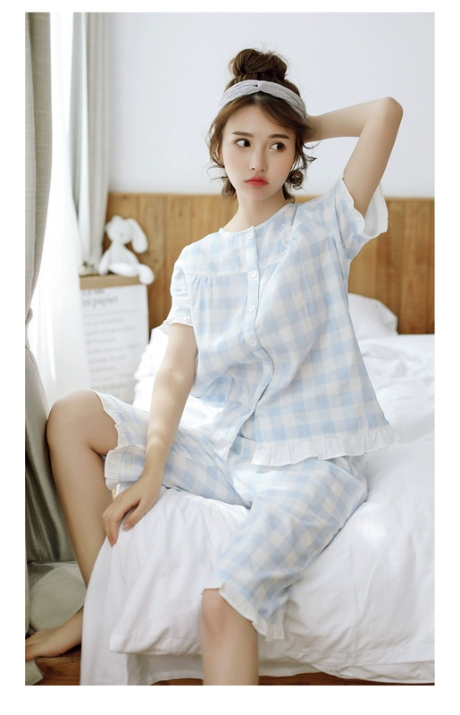 Bộ đồ ngủ bằng vải cotton mỏng mùa hè phù hợp với phụ nữ Nhật Bản quần short ngắn tay kẻ sọc dễ thương bằng vải cotton và vải lanh phục vụ tại nhà - Cặp đôi