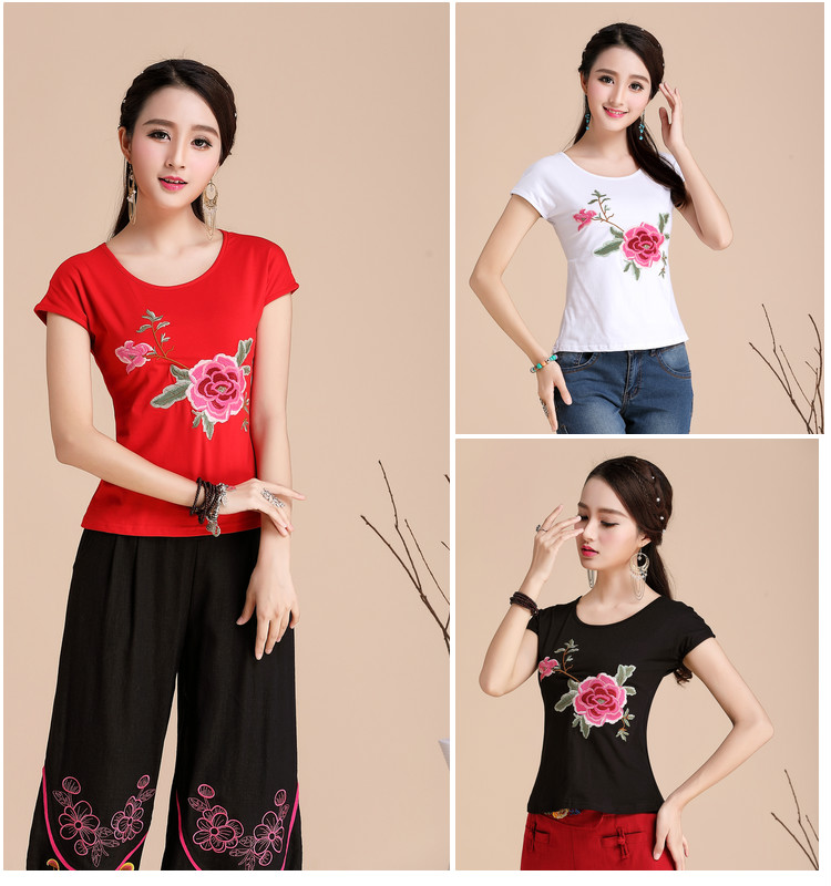 Trung quốc phong cách của phụ nữ áo sơ mi mùa hè thêu dân tộc ngắn tay t-shirt của phụ nữ cotton vòng cổ bông thêu đáy áo sơ mi