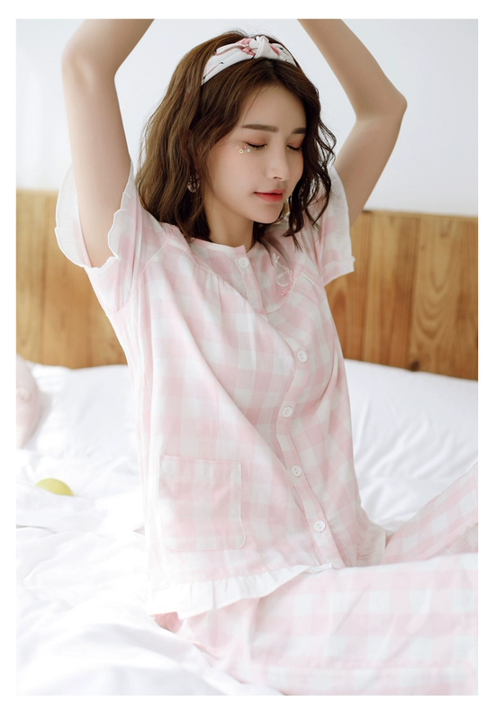 Bộ đồ ngủ bằng vải cotton mỏng mùa hè phù hợp với phụ nữ Nhật Bản quần short ngắn tay kẻ sọc dễ thương bằng vải cotton và vải lanh phục vụ tại nhà - Cặp đôi