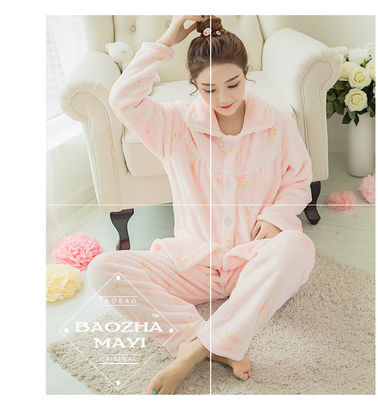 Đồ ngủ mùa đông nữ nhung dày san hô Phiên bản Hàn Quốc của mùa thu nữ dễ thương áo len dài tay flannel dịch vụ nhà phù hợp pijama đôi