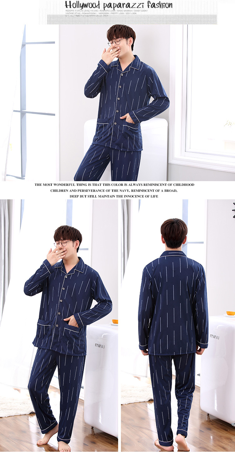 Bộ đồ ngủ nam cotton dài tay mùa xuân và mùa thu mẫu trung niên XL cotton trung niên bố trẻ trung phục vụ gia đình bộ đũi nam