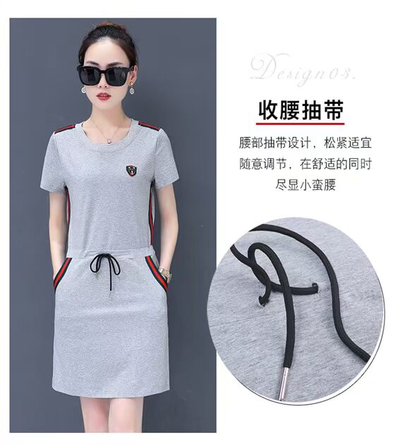 Đầm liền thân màu trơn đi cổ tròn áo thun thông thường phiên bản Hàn Quốc 2019 hè ngắn tay thắt cà vạt thể thao giản dị - Trang phục thể thao đồ bộ the thao nữ quần ngắn