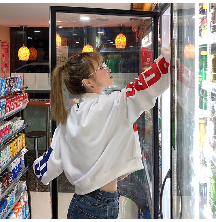 Pepsi-Cola mẫu áo len ngắn nữ cổ cao mỏng dây kéo ngắn áo khoác pepsi áo sơ mi nữ lỏng lẻo - Áo len áo kiểu trung niên