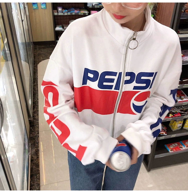 Pepsi-Cola mẫu áo len ngắn nữ cổ cao mỏng dây kéo ngắn áo khoác pepsi áo sơ mi nữ lỏng lẻo - Áo len