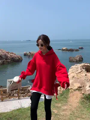 Autumn thin hooded sweatshirt 2021 new female explosive loose Korean version medium and long version fake two-piece coat red