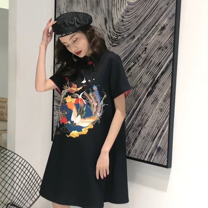 Black summer lightweight cheongsam, dress, light style, plus size