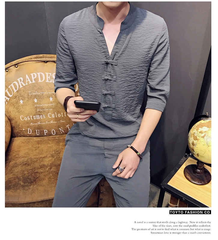 Thanh niên retro phong cách Trung Quốc Bộ đồ vest Trung Quốc bộ đồ vest ngắn tay Hanfu cải tiến hai bộ quần áo nam quốc phục