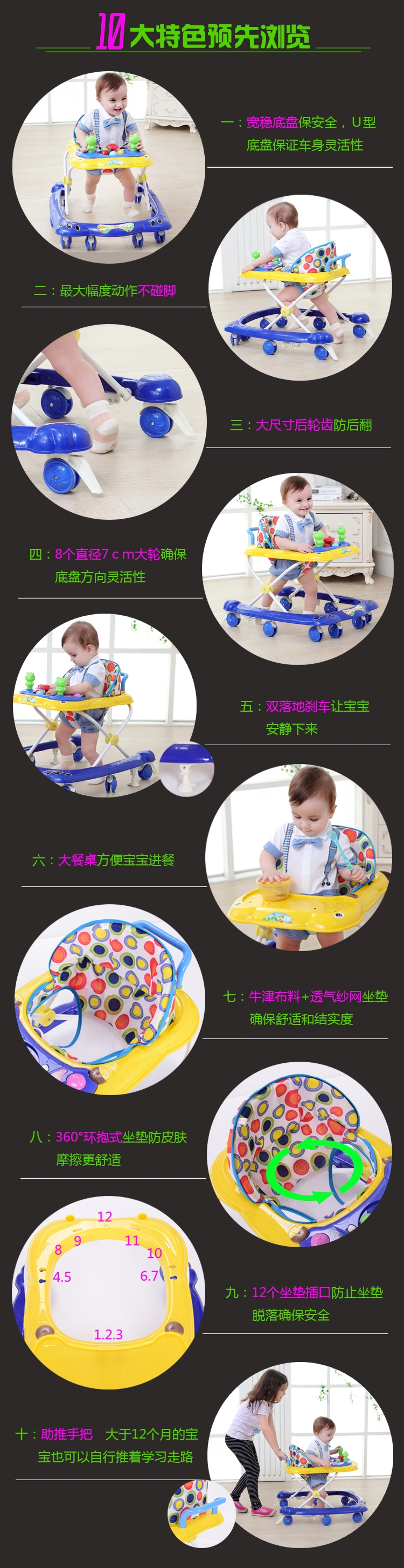 Walker 6 7-18 tháng bé sơ sinh baby boy girl child anti-rollover đa chức năng tay đẩy có thể ngồi