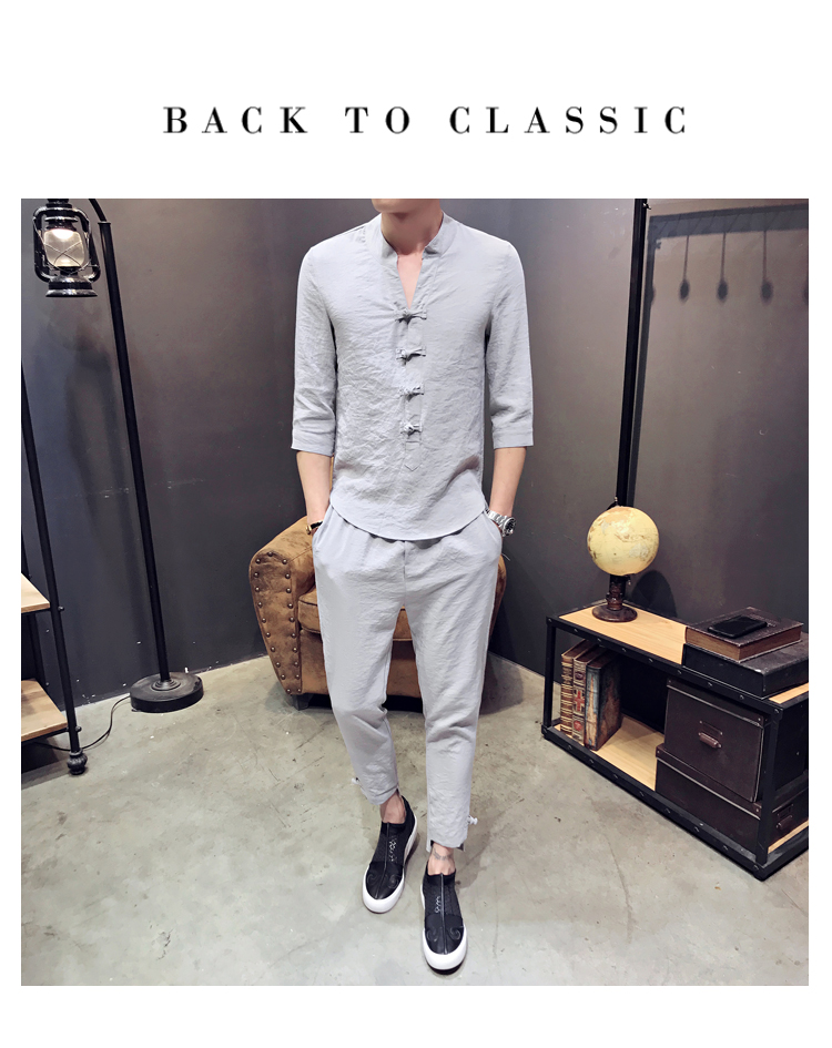 Thanh niên retro phong cách Trung Quốc Bộ đồ vest Trung Quốc bộ đồ vest ngắn tay Hanfu cải tiến hai bộ quần áo nam quốc phục những kiểu đồ bộ đẹp