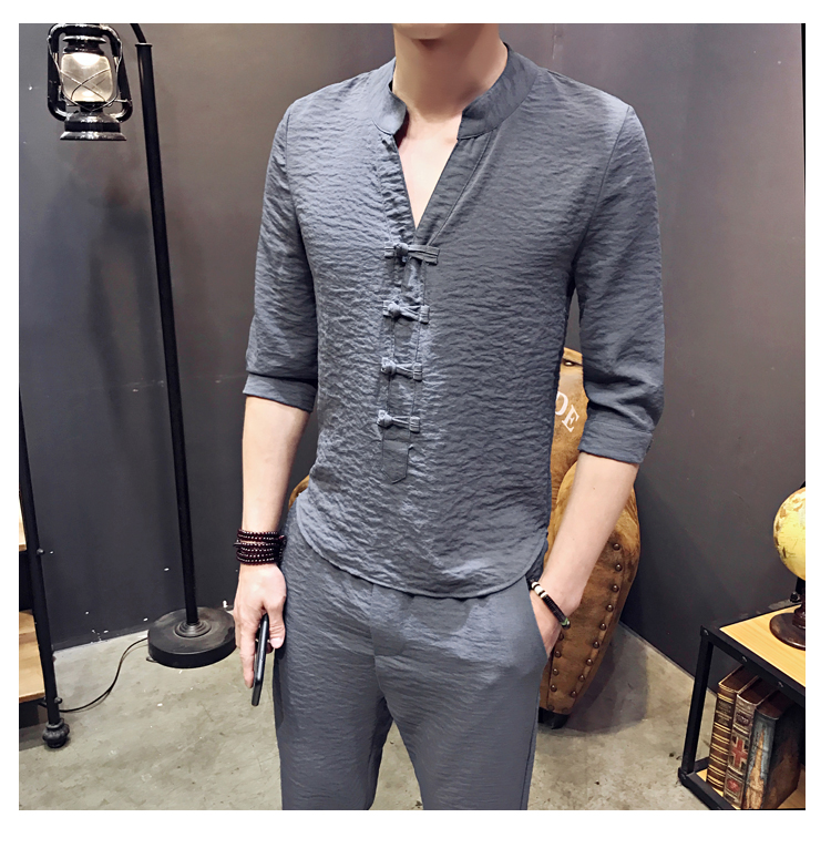 Thanh niên retro phong cách Trung Quốc Bộ đồ vest Trung Quốc bộ đồ vest ngắn tay Hanfu cải tiến hai bộ quần áo nam quốc phục những kiểu đồ bộ đẹp