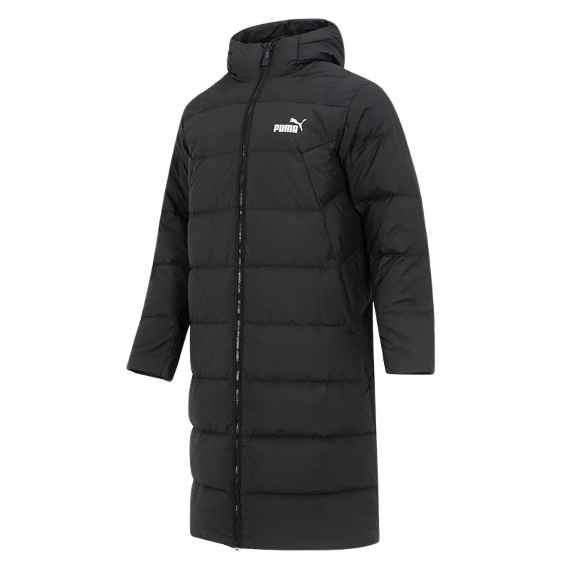 连帽彪马黑色长款过膝羽绒服男