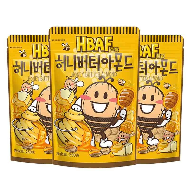 韩国芭蜂HBAF坚果进口零食原汤姆农场蜂蜜黄油扁桃仁250g杏仁味