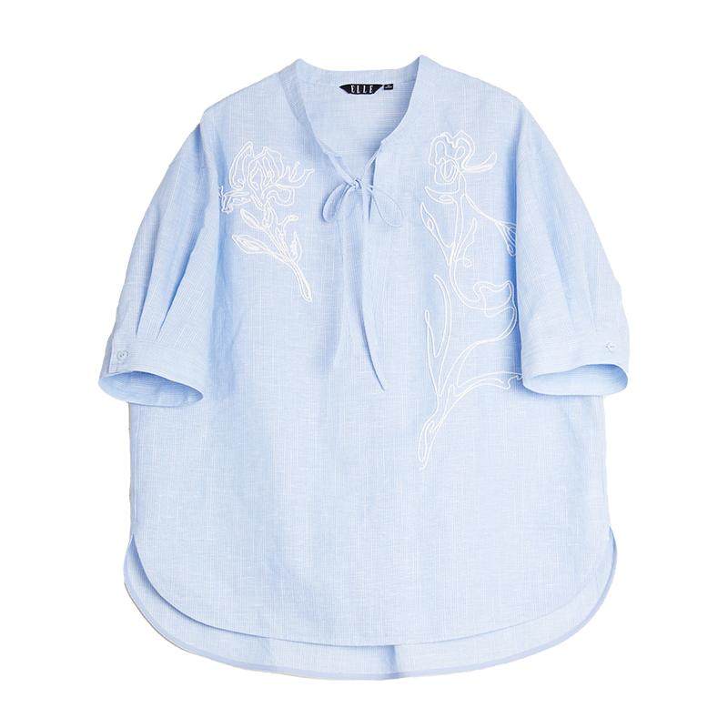 ELLE盘带绣花设计感衬衫女2025夏季新款优雅时髦宽松休闲通勤