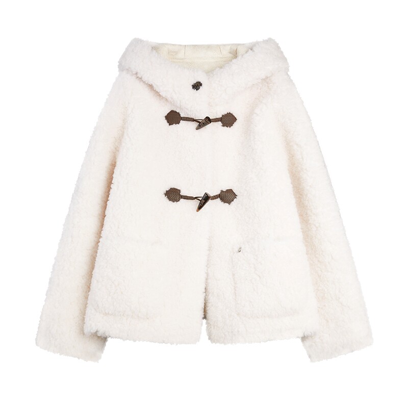 【100%绵羊毛】ELLE撞色牛角扣毛绒短外套女2025冬新款羊