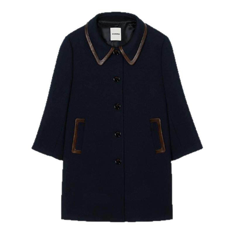 SANDRO2025秋冬新款女装都市游牧复古深蓝色皮革翻领七分袖外套,女装/女士精品,短外套,淘宝优惠券,粉丝福利购,淘宝优惠卷