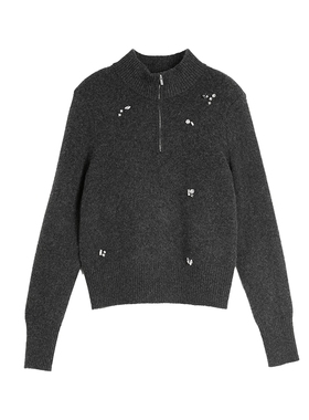 ELLE深灰色钉钻绵羊毛立领针织衫2025秋季新款高级气质时尚羊毛衫