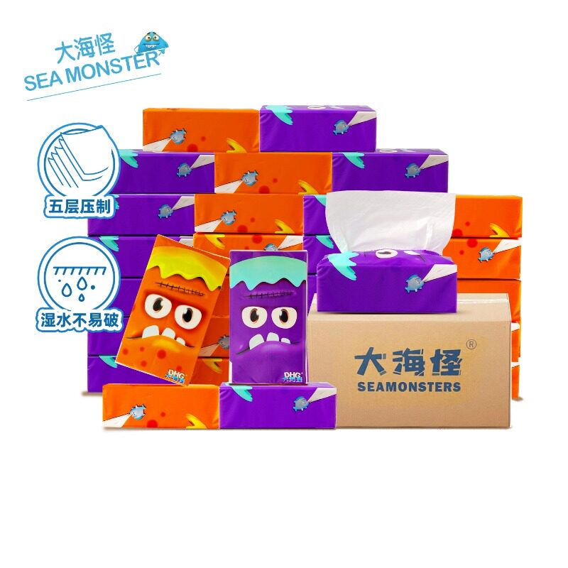 大海怪抽纸大包纸巾5层加厚100%原生木浆卫生纸整箱家用L码80抽