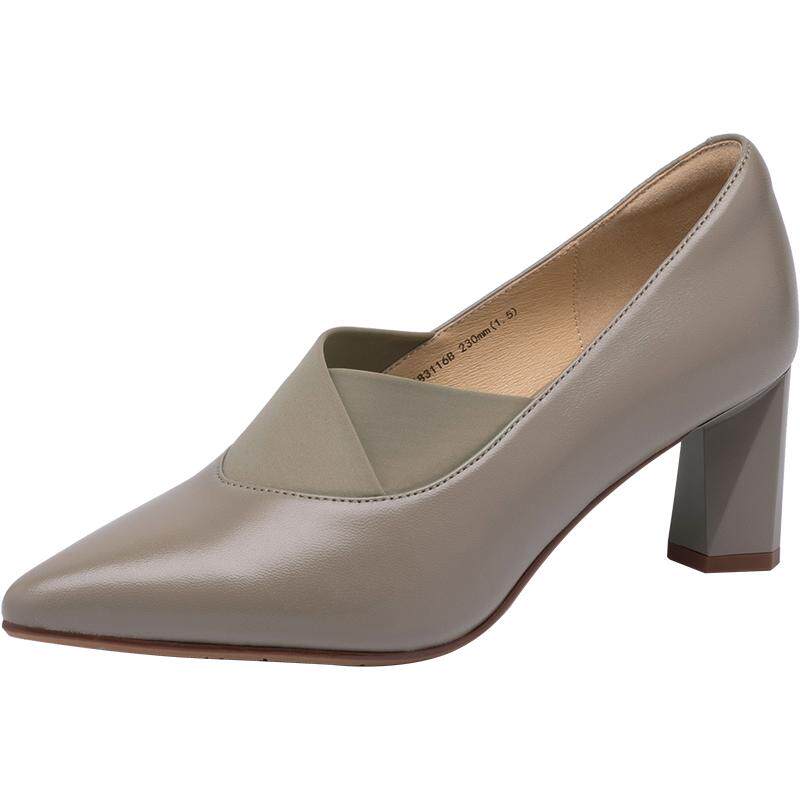 沙驰女鞋粗跟高跟单鞋2026年春夏新款牛皮时装鞋舒适通勤工作鞋