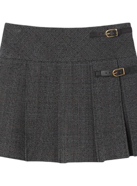 季末7折SANDRO2025秋冬新款女装法式灰色格纹仿钻腰部皮扣半身裙