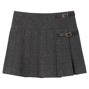 灰色格纹仿钻腰部皮扣短款 法式 半身裙 末7折SANDRO2025秋冬女装 季