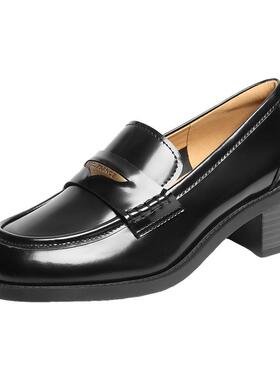 百丽海鸥粗高跟乐福鞋女春季新款黑色小皮鞋深口单鞋子3PAF2CA5