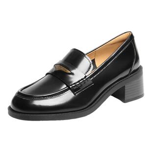 百丽海鸥粗高跟乐福鞋女春季新款黑色小皮鞋深口单鞋子3PAF2CA5