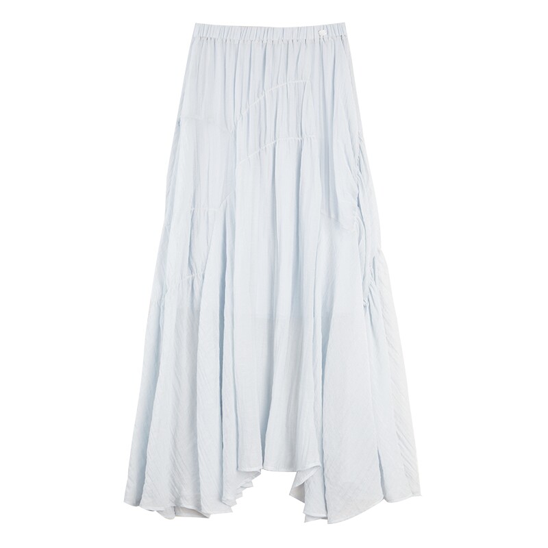 ELLE法式优雅褶皱感亚麻半身裙女2025夏季新款小众不规则a字