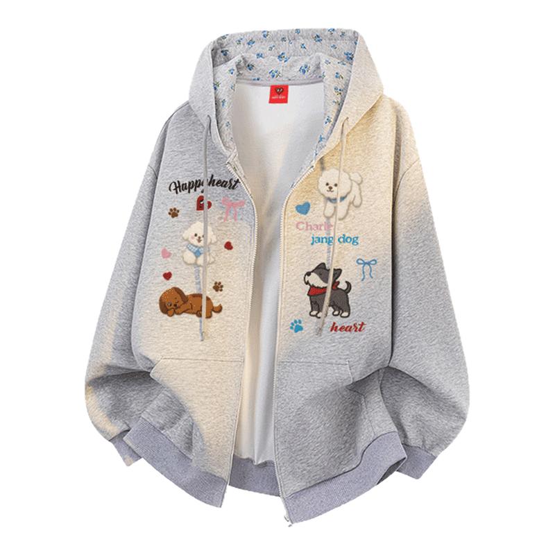查尔斯桃心可爱小狗涂鸦碎花连帽开衫卫衣男女秋冬休闲情侣bf外套