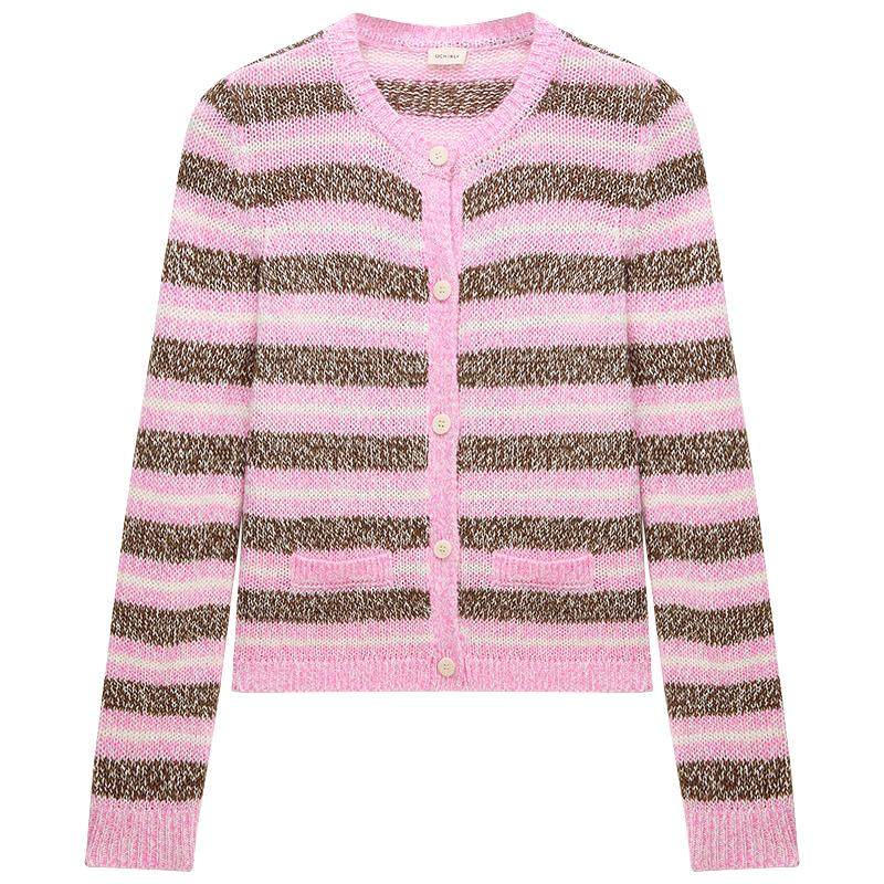 【季末折扣】欧时力撞色条纹针织外套开衫上衣设计感2025秋冬新品