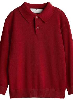 HM童装儿童男童毛衣冬季新年红色细密针织Polo衫1247893