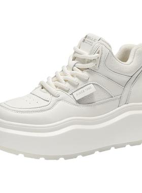 百丽女鞋子厚底高帮加绒板鞋女冬新棉鞋休闲运动小白鞋D4S1DDM4