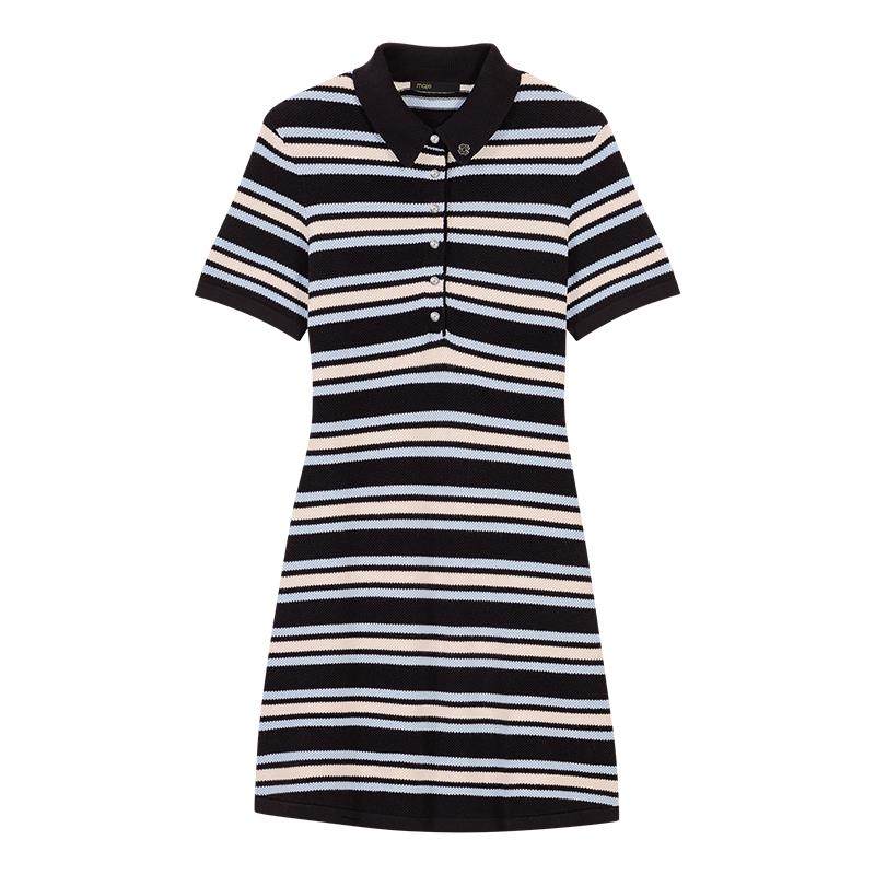 Maje2025春夏女装法式时尚条纹polo领纽扣点缀短袖短款针织连衣裙,女装/女士精品,连衣裙,淘宝优惠券,粉丝福利购,淘宝优惠卷