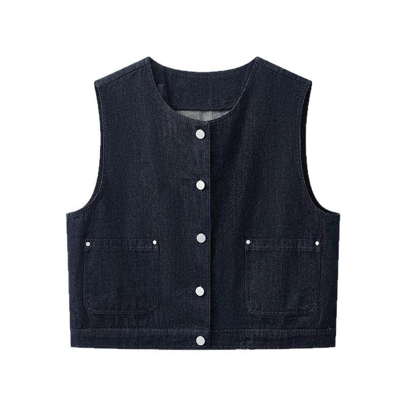 云上生活【蓝调牛仔】金属撞色纽扣圆领马甲女显瘦上衣春季马夹