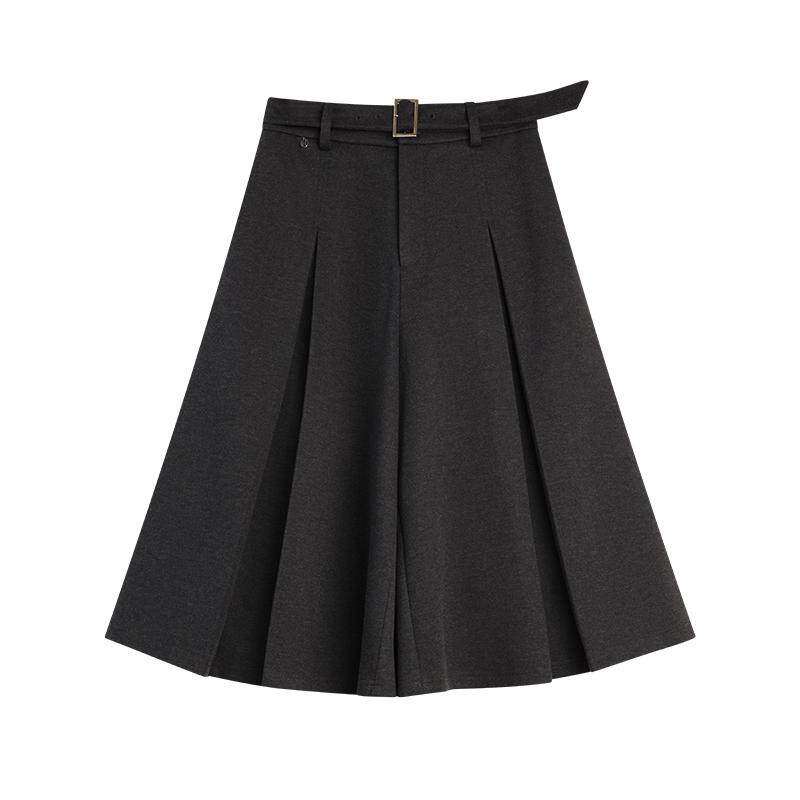 ELLE灰色格雷系设计感休闲裙裤女2025冬季新款腰带时髦阔腿中