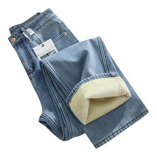 拉夏贝尔加绒加厚直筒牛仔裤女秋冬季一体绒小个子春款窄版阔腿裤