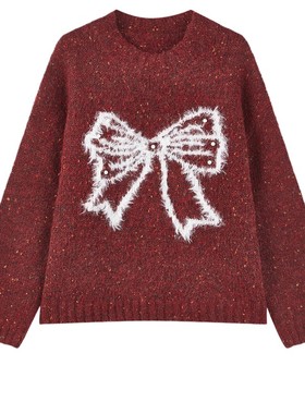 秋水伊人经典圆领红色毛针织衫2025年冬季新款小清新风蝴蝶结上衣