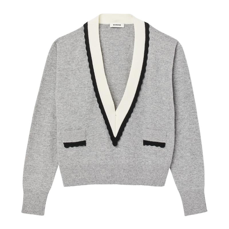 SANDRO学院风撞色V领针织上衣