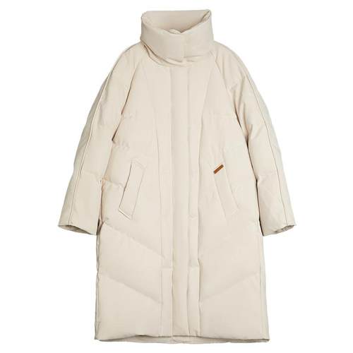 ELLE米白中长款立领鹅绒羽绒服