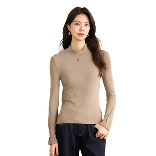 SMEN诗萌轻熟简约风半高领2026长袖T恤沙褐色针织衫高弹力打底衫