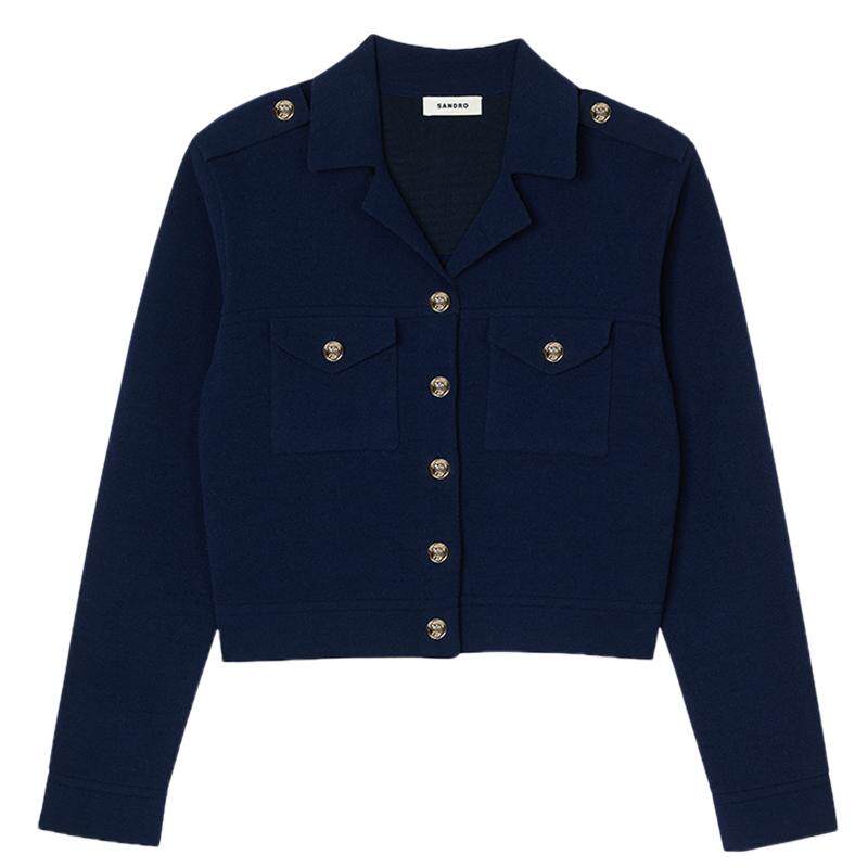 SANDRO秋冬女装法式时尚翻领金色扣饰点缀蓝色短款针织开衫外套,女装/女士精品,毛针织衫,淘宝优惠券,粉丝福利购,淘宝优惠卷