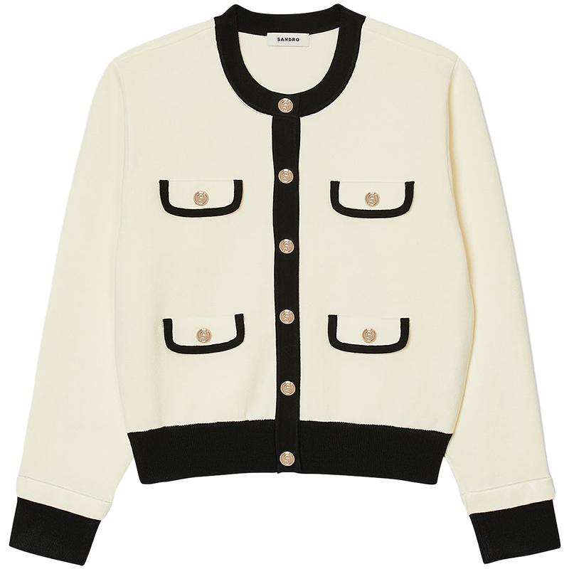 SANDRO白撞色针织开衫上衣